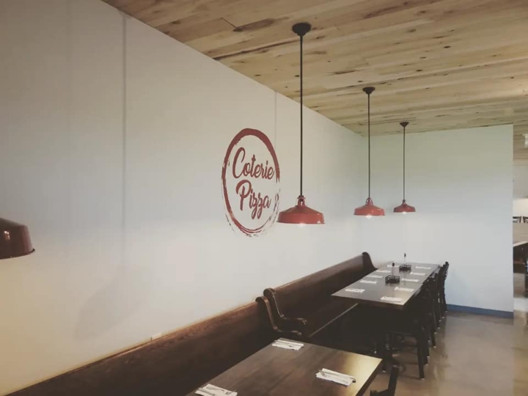 Dining area of boutique restaurant space at the newly renovated and modern commercial space, The Railyard, in Garrett, Indiana.