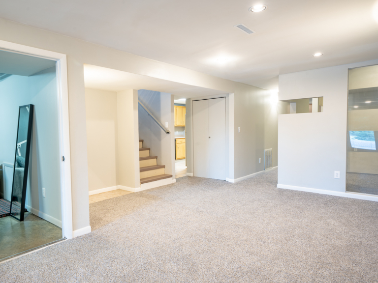 Open basement in modern renovation home project by The RBT Group featuring fresh carpet, entry into bar area and secondary bedroom space.