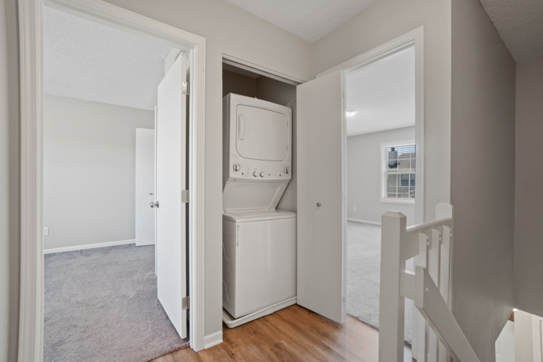 Newly renovated apartment second floor laundry closet at the Waterford Apartments in Fort Wayne, Indiana.